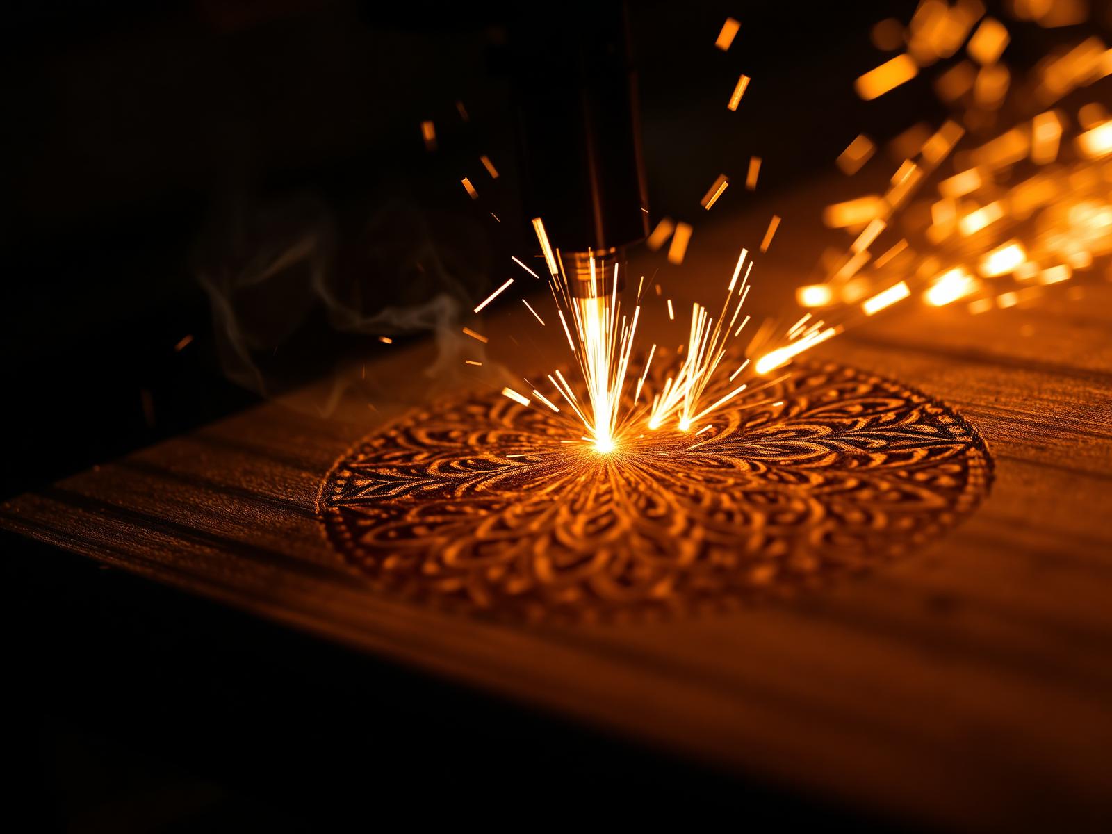 Laser engraving intricate pattern into walnut